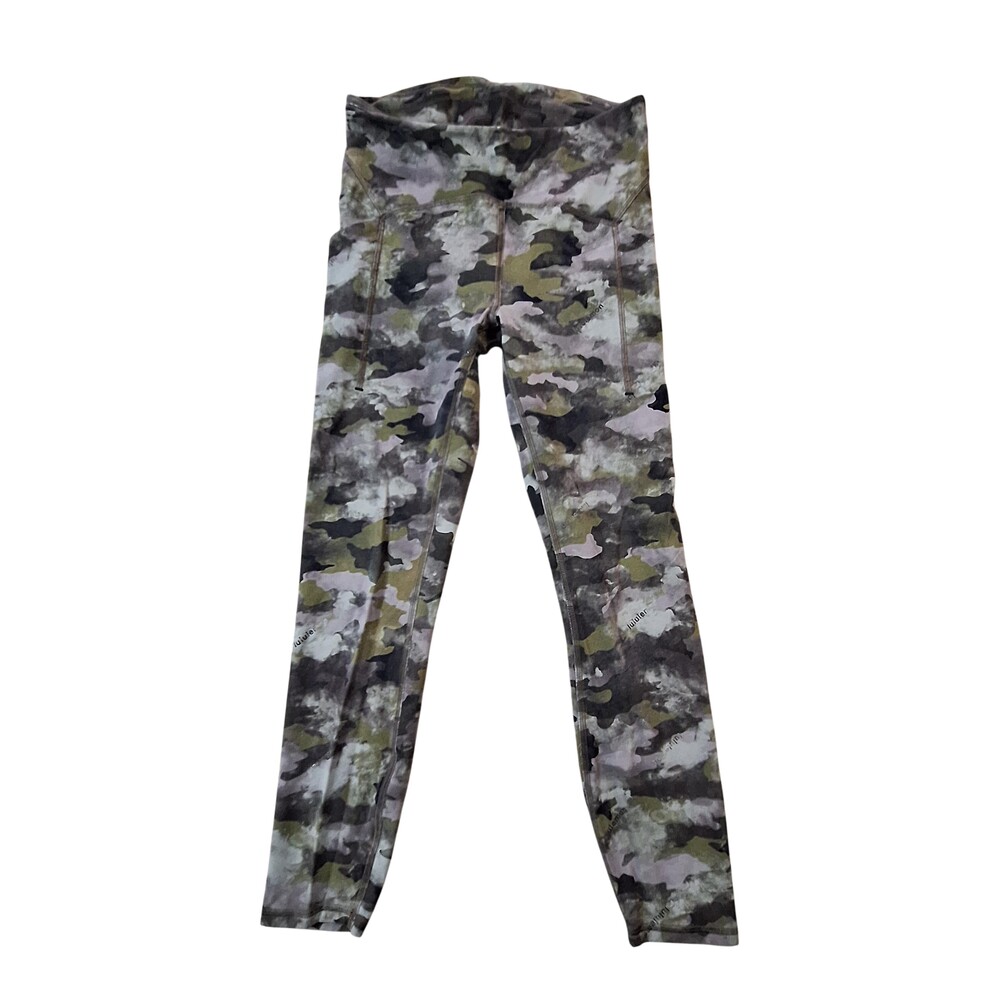 Lululemon Leggings Women's 6 Green Camo Ankle Drawstring Pockets Stretch